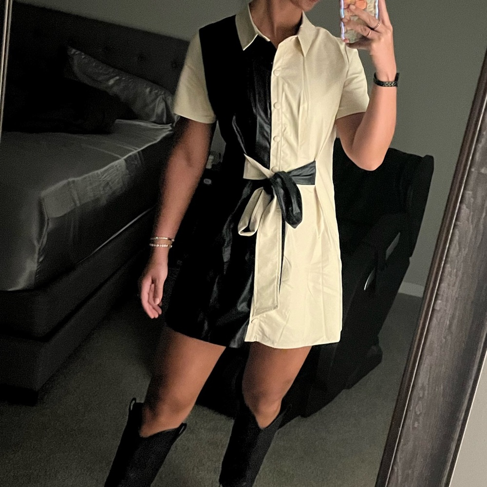 Chic Black and Cream Button-Up Dress